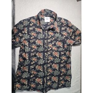 Katin Men's Hawaiian Floral Button Up Shirt Medium Navy Orange Tropical Short...